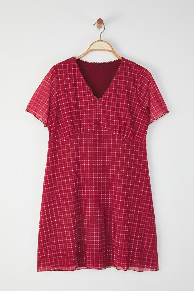 Bordo Ekose/Kareli V Yaka Mini Tül Örme Büyük Beden Elbise TBBSS25AH00192 - 5