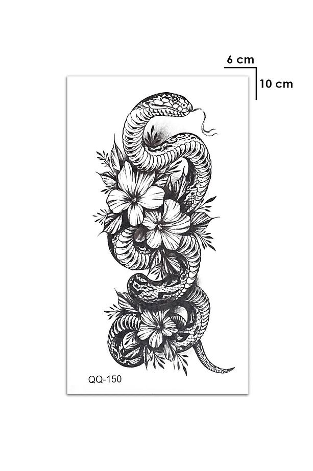 Gerçek Dövme Görünümlü Yılan Ve Lotus Modelli 3 Boyutlu Tattoo, Geçici Dövme - 4