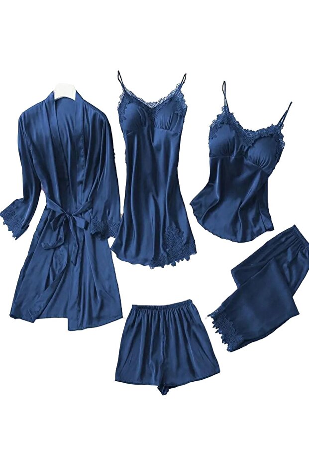 5 Piece Women's Satin Nightwear Set – Laced Bridal Dowry Pajamas Set P–30740