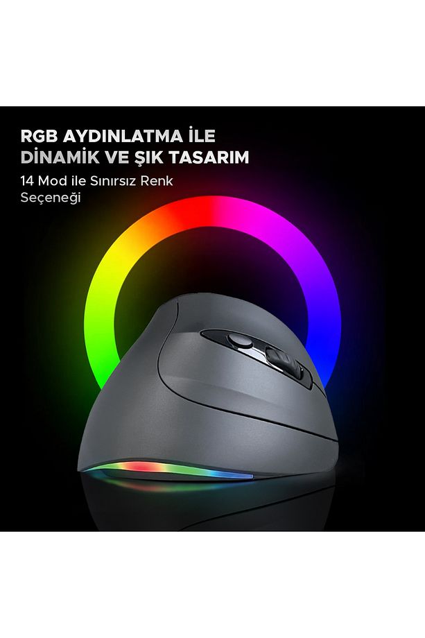 Wireless, 2.4Ghz & Bluetooth RGB AntiRSI Şarj Edilebilir Ergonomik Dikey Tutuşlu Kablosuz Mouse - 3