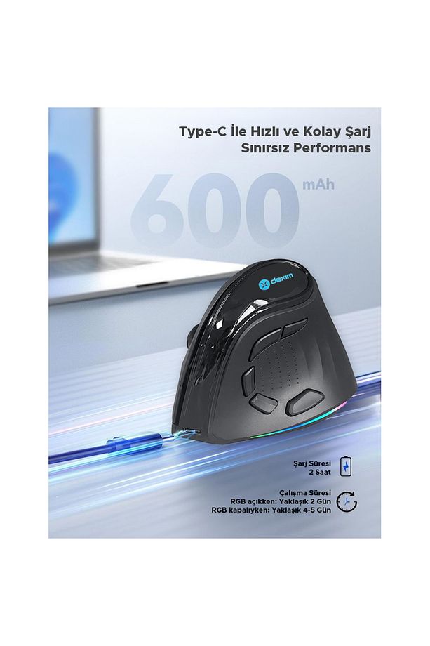 Wireless, 2.4Ghz & Bluetooth RGB AntiRSI Şarj Edilebilir Ergonomik Dikey Tutuşlu Kablosuz Mouse - 5