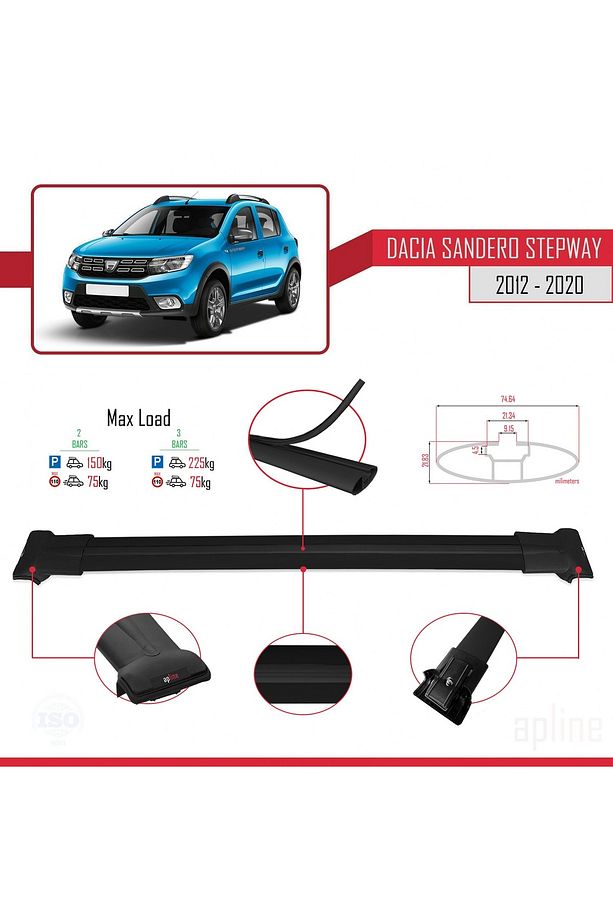 Dacia Sandero Stepway 2 2012-2020 Arası ile Uyumlu FLY Model Ara Atkı Tavan Barı Siyah 2 Adet - 3