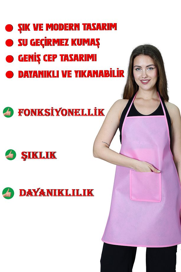 Pembe Spunbond Kalın Kumaş Ve Su Geçirmez Cepli Mutfak, Aşçı Önlüğü - 2