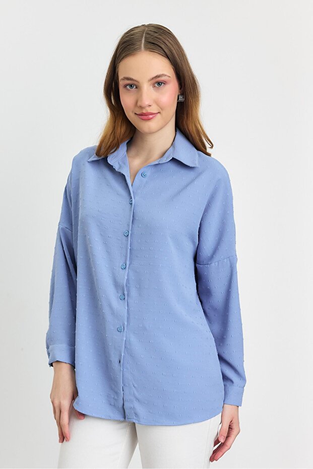 4635A قميص فضفاض منقوش باللون الأزرق - 1