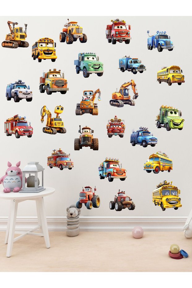 Cute Vehicles, Engineering Vehicles, Bus, Fire Truck Kids Room Wall Sticker Sticker