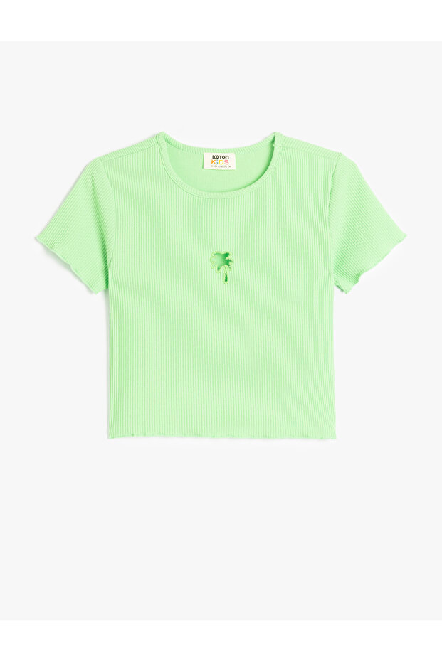 Palm Pattern Short Sleeve Crew Neck Crop T-Shirt with Window Detail