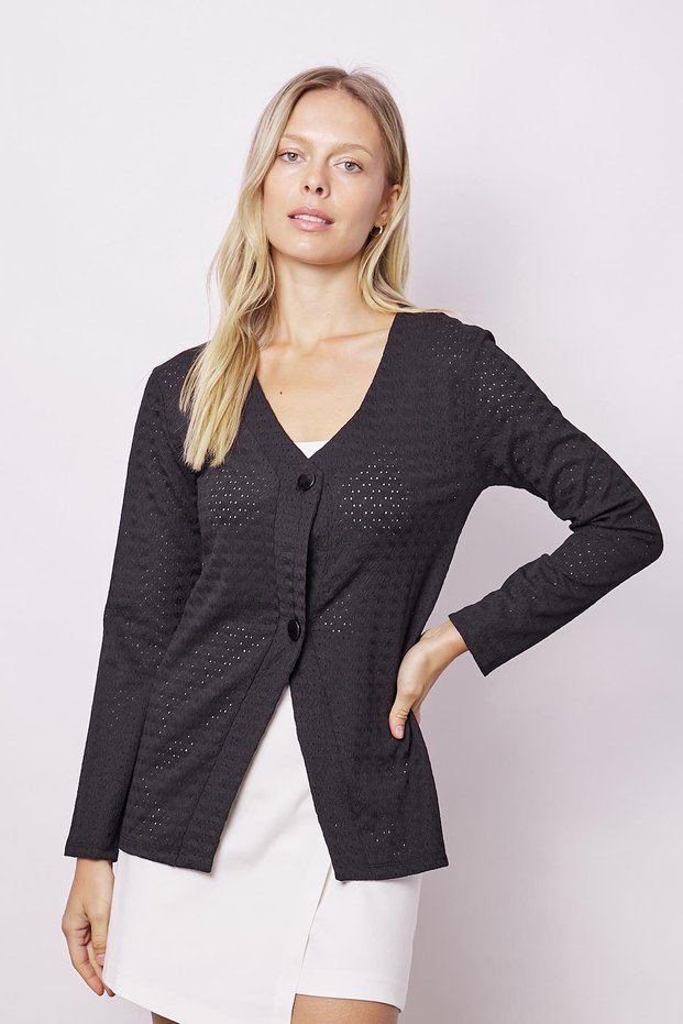 Women's Hollowed-Out Lace V-Neck Long Sleeve Cardigan-Black