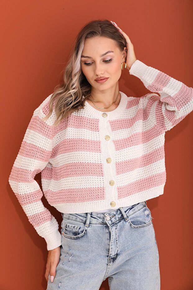 Women's Stripe Patterned Button Closure Knitwear Knitted Cardigan 255195 -
