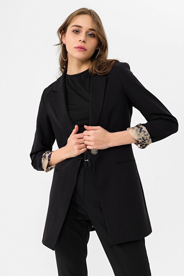 Women's Lining Leopard Patterned Single Button Closure Blazer Jacket 260327 -