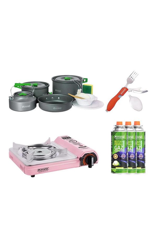 Seramik Pro Kamp Ocak Pembe Ck-508 4 Parça Tencere Seti Out-1050 Çkb Out-1350-k 3 Adet Kartuş - 1