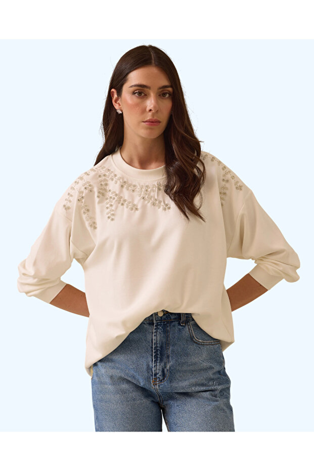 YUVARLAK YAKA TAŞ İŞLEMELİ SWEATSHİRT - 2