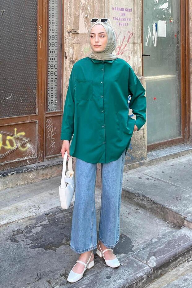Single Pocket Detailed Oversize Shirt Emerald Green