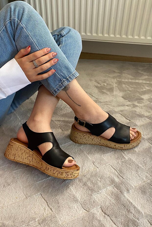 Women's Black Skin Thick Cork Sole Orthopedic Sandals K-250