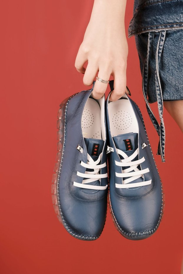 Cindy Flat Genuine Leather Women's Casual Shoes-Blue