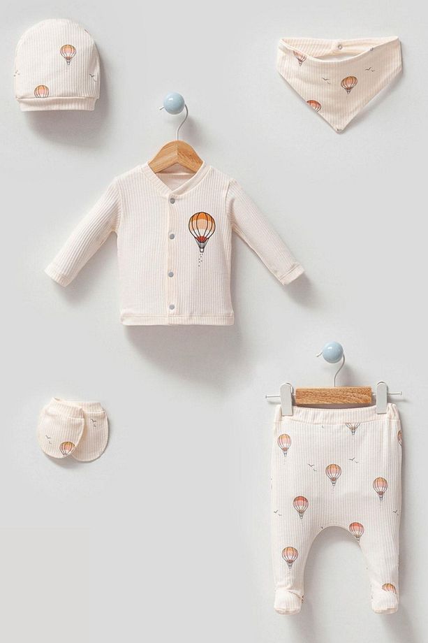 Erkek Bebek Uçan Balon Desenli 5'li Hastane Çıkış Set - 1