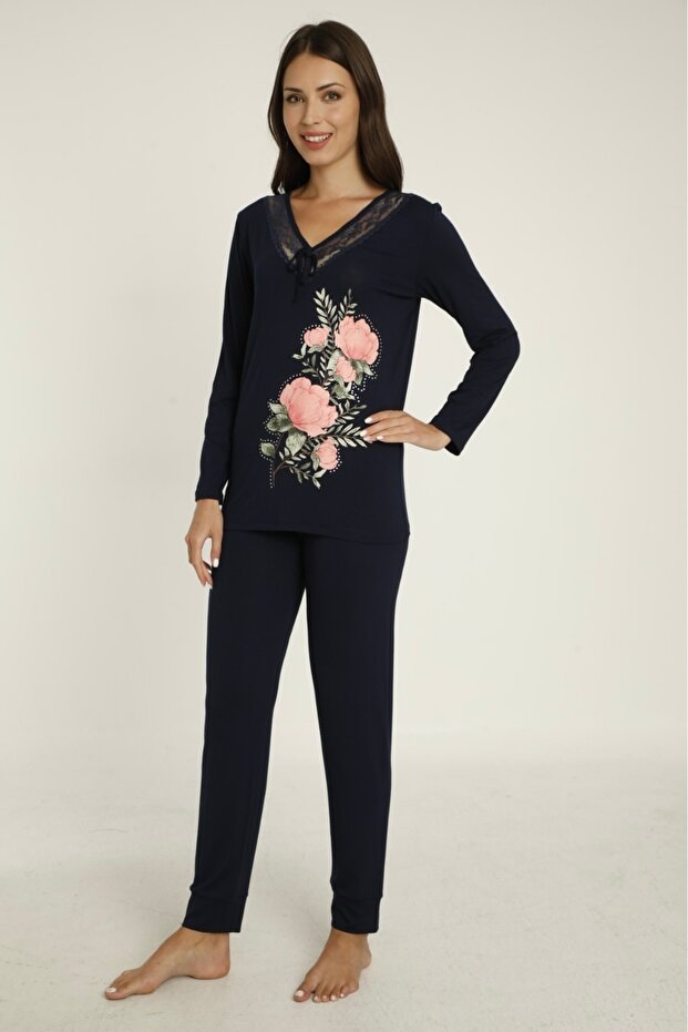 Women's Pajama Set with Lace Detail and Print
