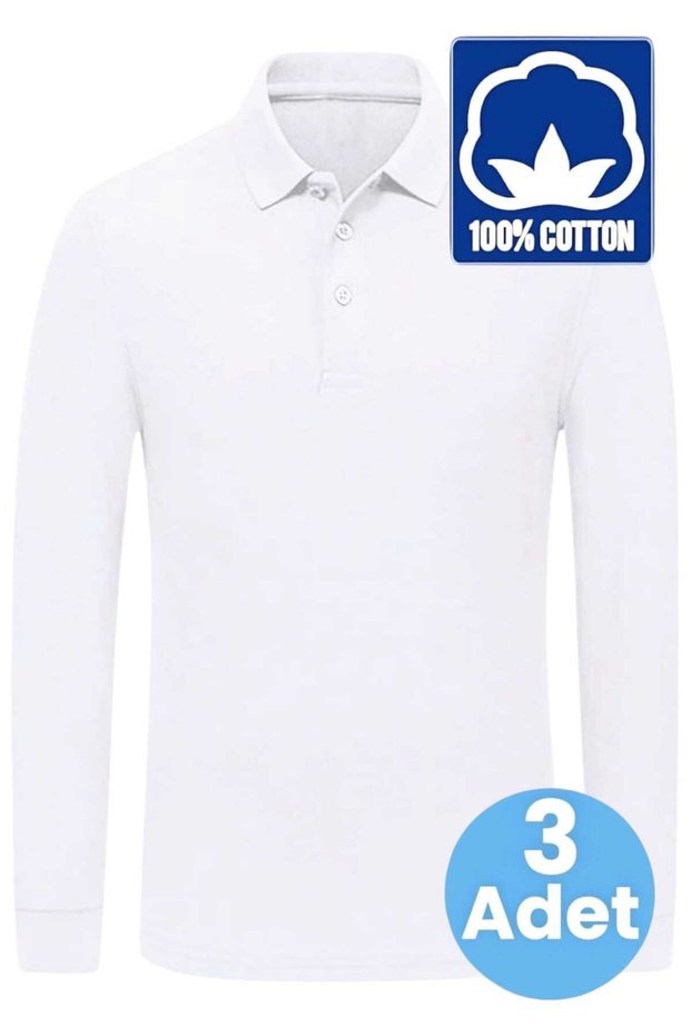 Boy's 3-Piece Long Sleeve 100% Cotton Polo Collar T-Shirt Daily and School Uniform School T-Shirt