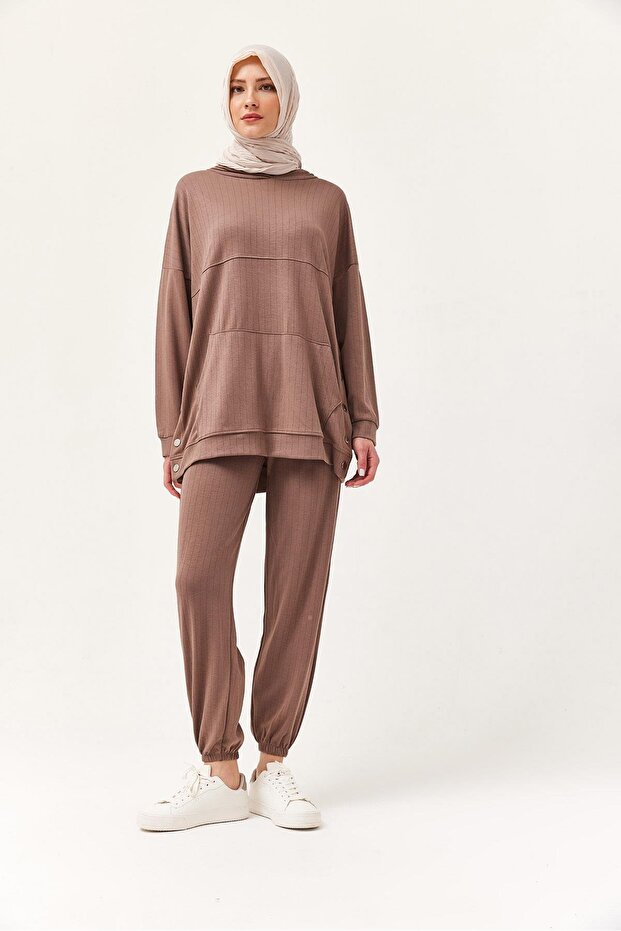 Snap Detail Hooded Double Suit Brown