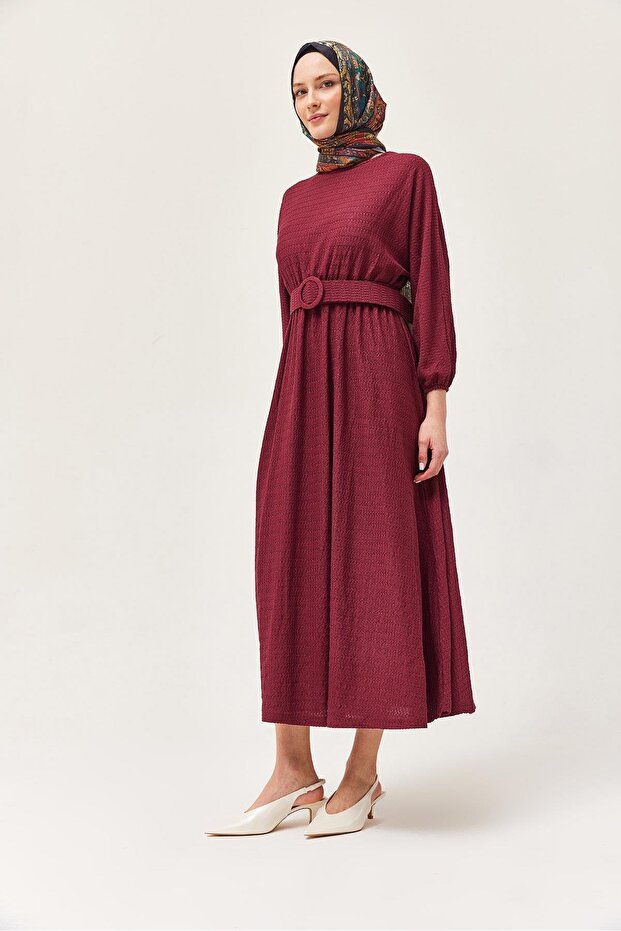 Bat Sleeve Dress with Elastic Waist Belt Claret Red