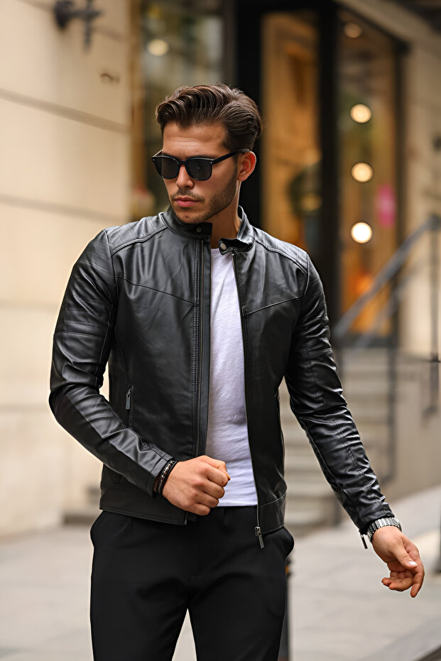 Men's Black Slim Fit Leather Jacket with Inner Pocket