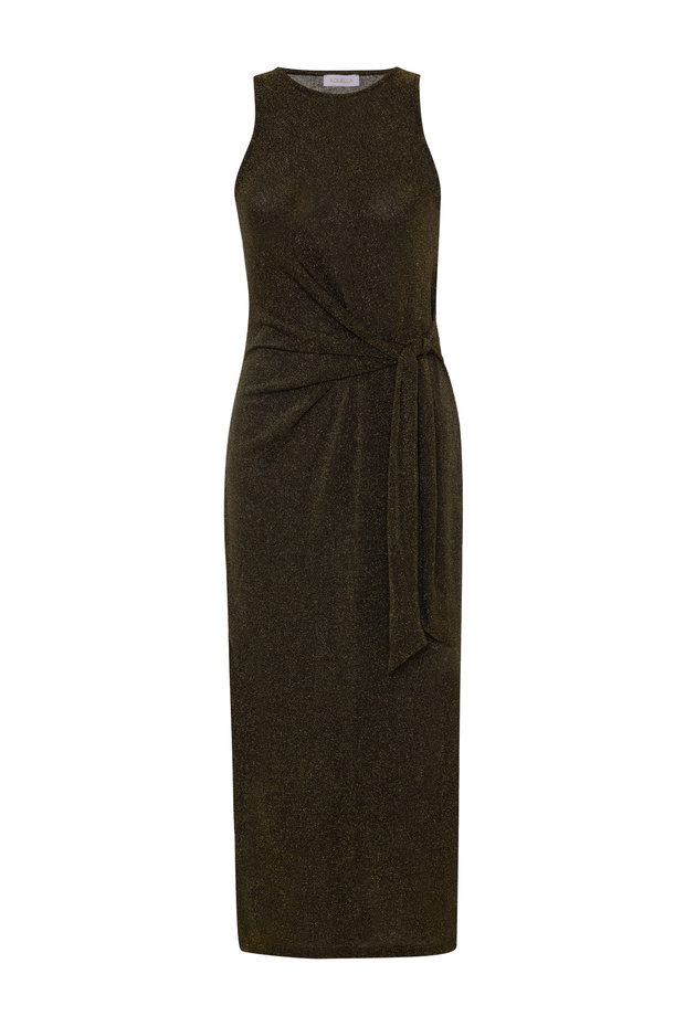 Tie Slit Lurex Khaki Long Dress