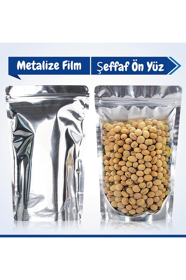 20 Adet Şeffaf Metalize Doypack Poşet Dayanıklı Yeniden Kullanılabilir Gıda Koruma Paketi 13x22 - 8