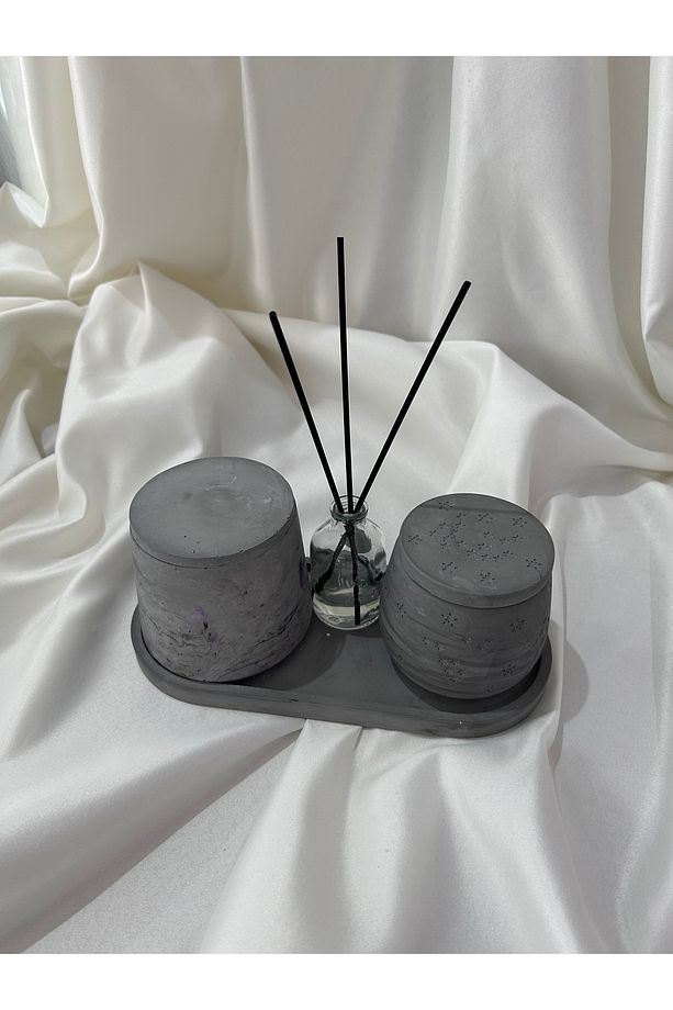 Dekoratif Tepside 4 lü Set oda kokusu + yıldız desen kapaklı kase + tepsi + kapaklı geniş vazo - 1