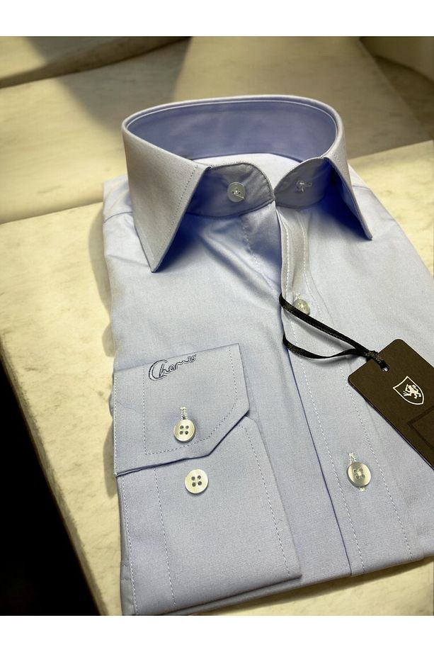 SlimFit Kolay Ütülenebilir Orta Mavi Poplin Uzun Yaka Gömlek - 1