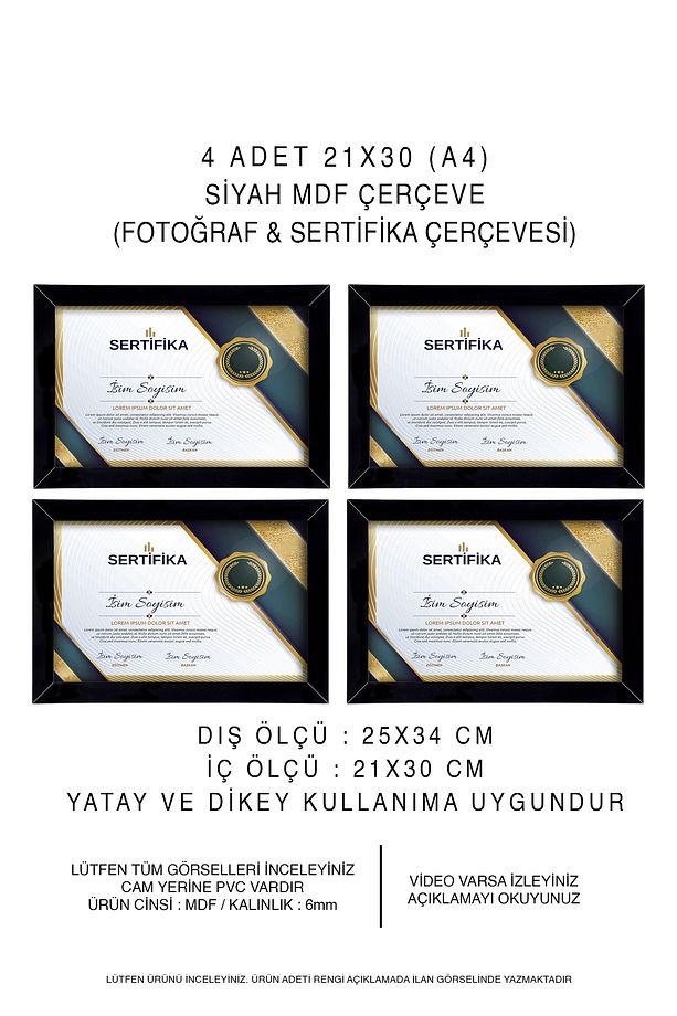 4 Adet A4 Çerçeve - 21x30 Sertifika Çerçevesi * Pvc'li A4 Çerçeve - Siyah Çerçeve - 1