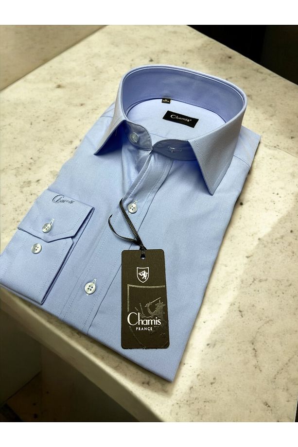 SlimFit Kolay Ütülenebilir Orta Mavi Poplin Uzun Yaka Gömlek - 2