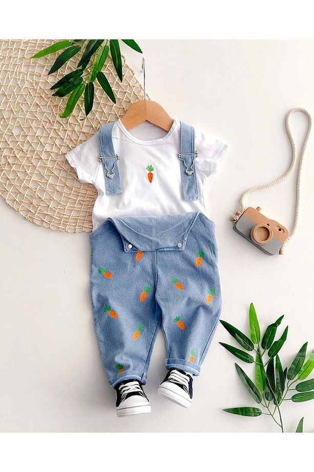 Havuç baskılı yazlık örme kot salopet 2li set - 1