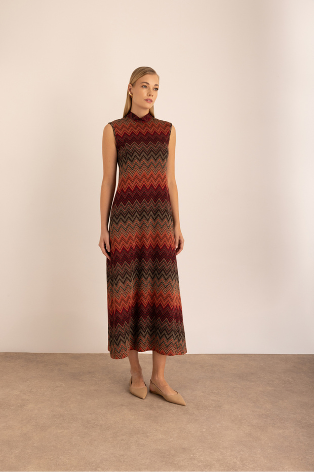 Desenli Simli Örme Kolsuz Elbise - 3