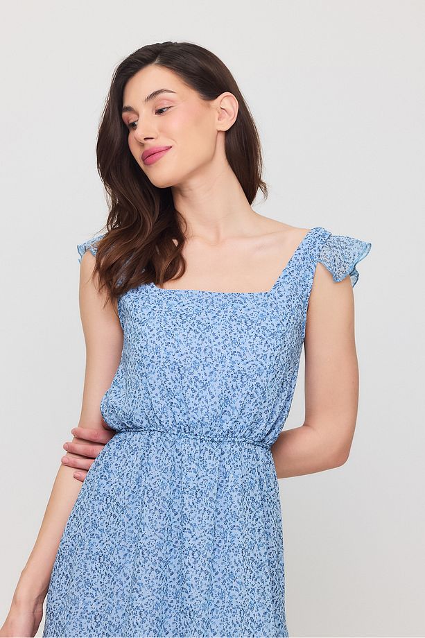 Çıtır Çiçek Desenli Şifon Astarlı Midi Elbise - 5