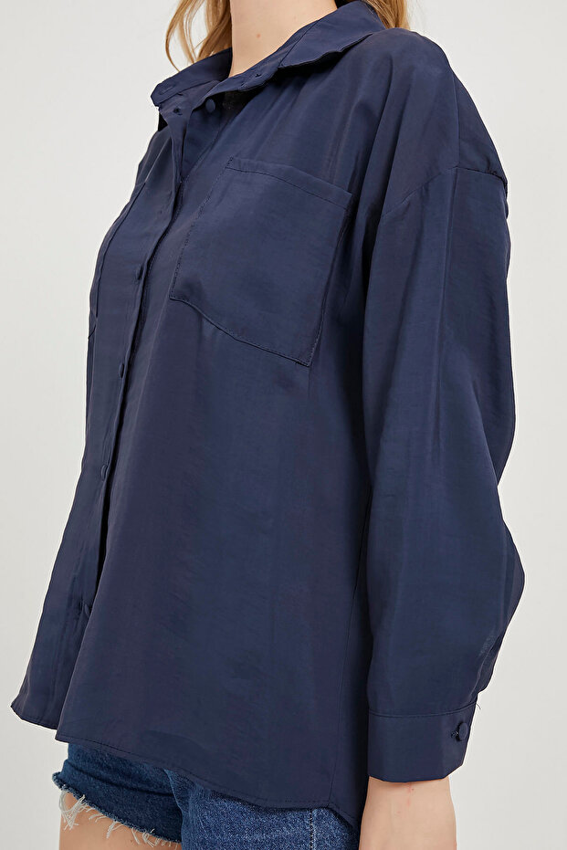 Kadın Cepli Premium Oversize Basic Lacivert Gömlek - 3