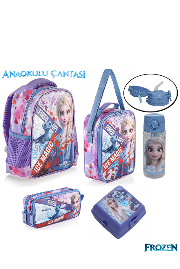 Elsa Premium Licensed Kindergarten Bag Lunch Box Pen Holder Water Bottle Container Set of 5