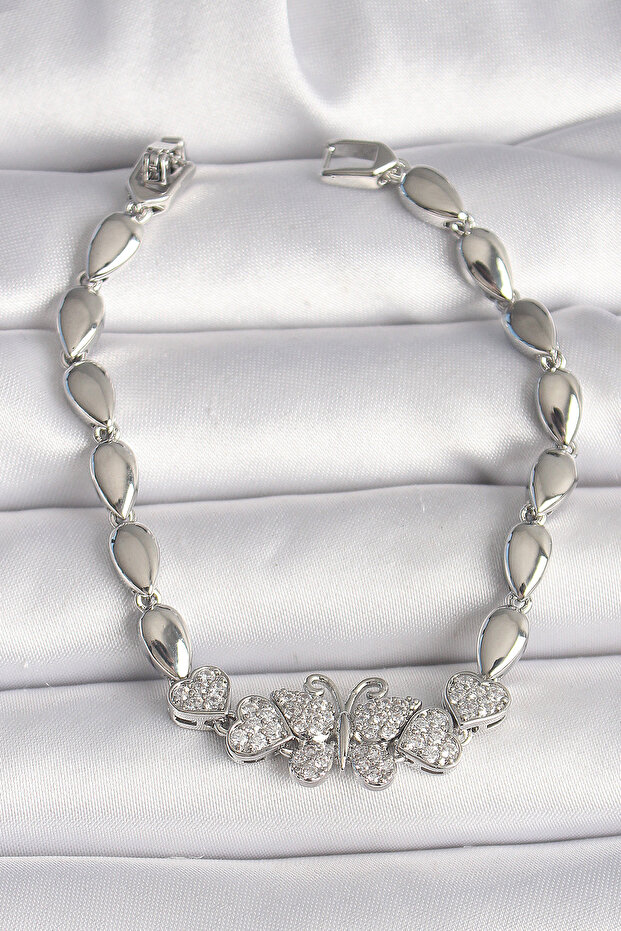 Brass Silver Color Zircon Stone Butterfly Figure Drop Chain Model Women's Bracelet