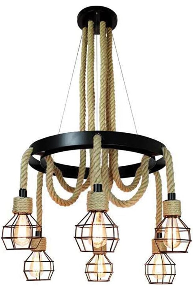 A F N LIGHTINGS Modern Vintage Industrial Chandelier, 6-Light Pendant Light with Cage and Hemp Rope