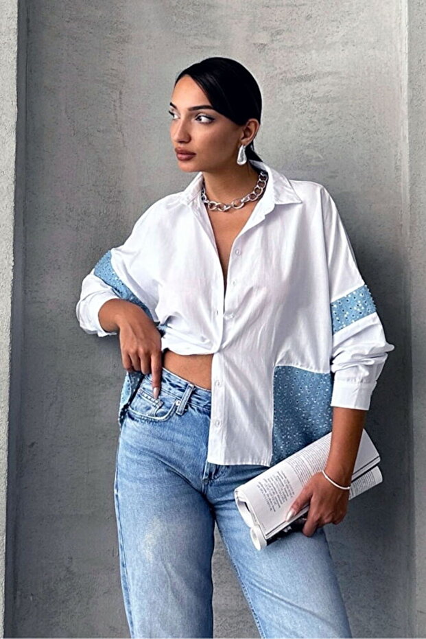 Kadın Pullu Kot Detaylı Gömlek - 1