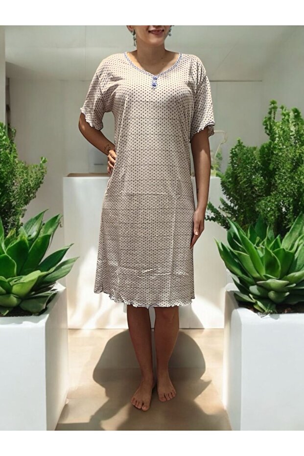 Gray Polka Dot Patterned Short Sleeve Women's Dress