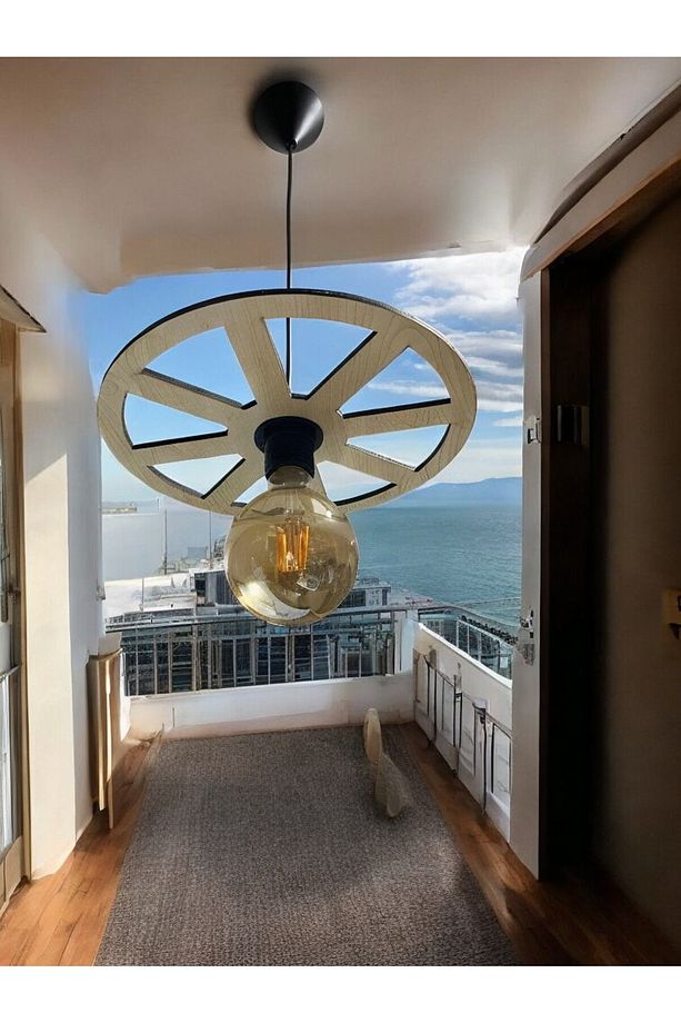 WHEEL  Tek Teker Tekerlek Avize Sarkıt  Ahşap Dekoratif  Cafe Restoran Rustik Balkon Bahçe Avizesi - 3
