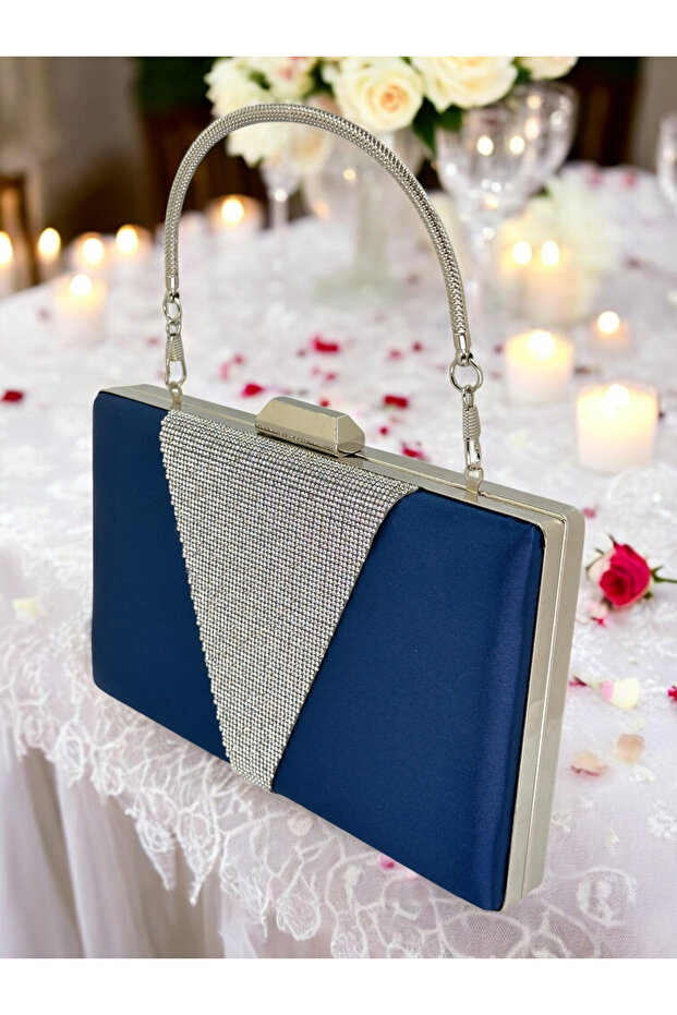 Navy Blue Satin Silver Stone Metal Handle Evening Dress Bag Evening Bag Engagement Wedding Bag