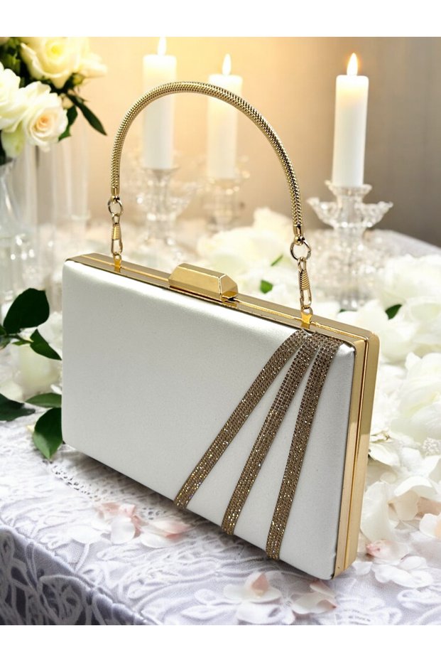 Stone-Embellished Women's Evening Dress Bag – Satin, Rosegold Crystal Detail | Ecru