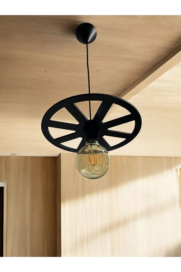 WHEEL  Tek Teker Tekerlek Avize Sarkıt  Ahşap Dekoratif  Cafe Restoran Rustik Balkon Bahçe Avizesi - 2