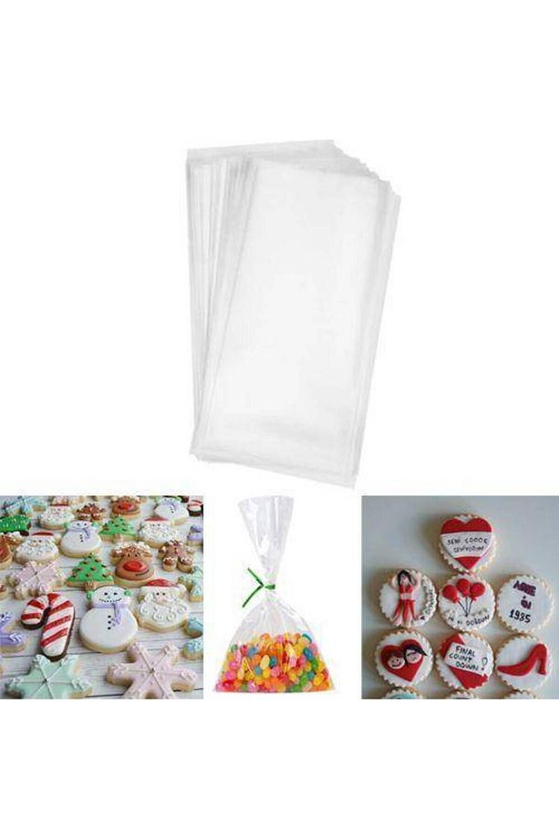 100 Adet Şeffaf Kurabiye Şeker Poşeti 10x20cm Bantsız Şeffaf Jelatin Poşet - 5