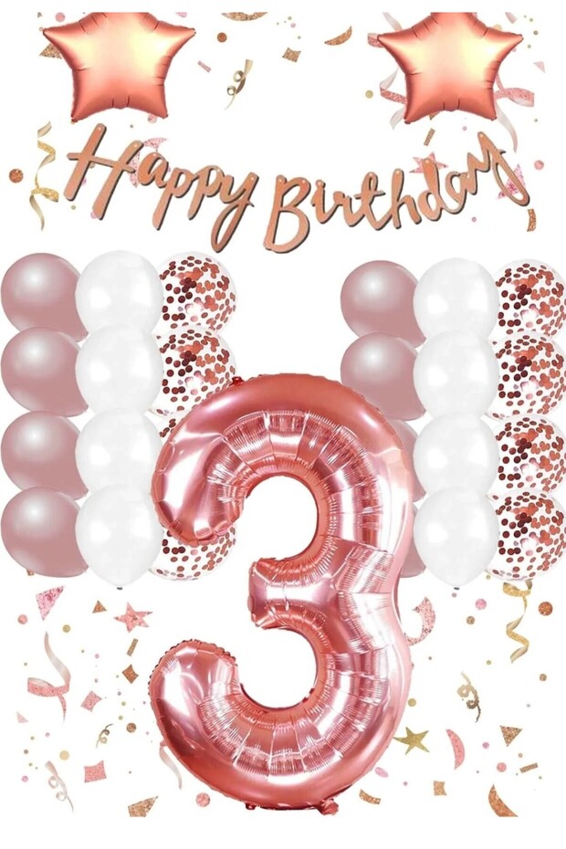 Party 3 Years Old Rose Number Foil Star Birthday Set Birthday Concept