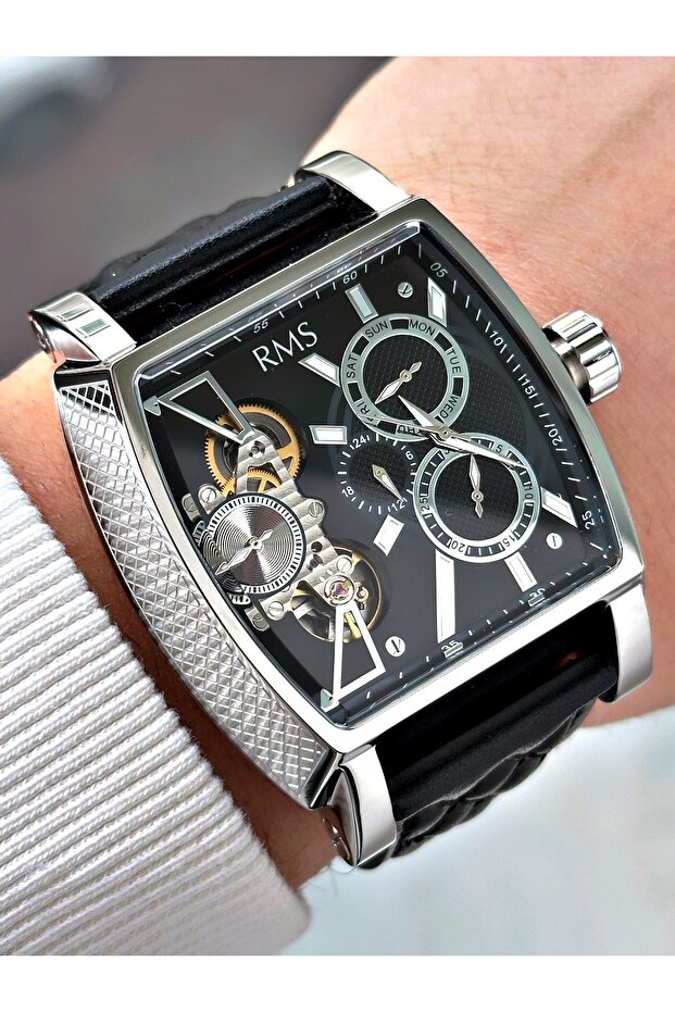 Automatic Mechanism Angular Dial Black-Silver Color Steel Case Men's Wristwatch 1054.09