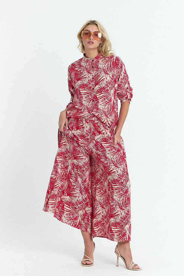 Women's Red Floral Patterned Long Tunic and Comfortable Cut Pants Woven Viscose Top and Bottom Set