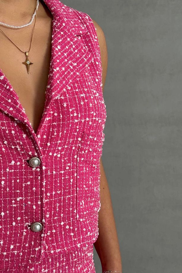 Kadın Pembe Tüvit Kumaş Yelek Ve Cepli Şort Alt Üst Takım Bchn-2525463 - 2
