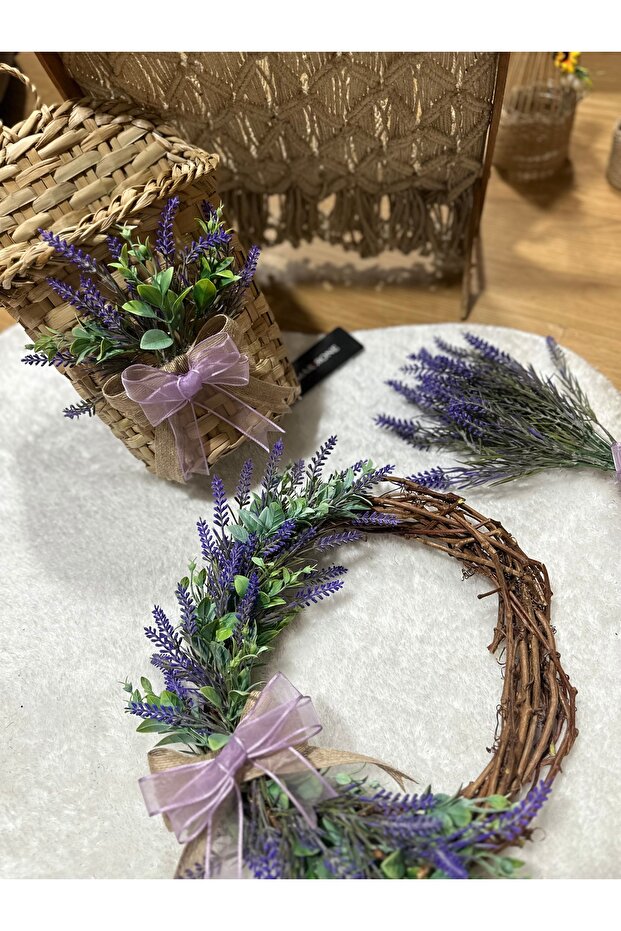 Lavantalı Kapı Dekoru Kapı Çelengi Hasır Sepet Lavantalı Sepet - 3