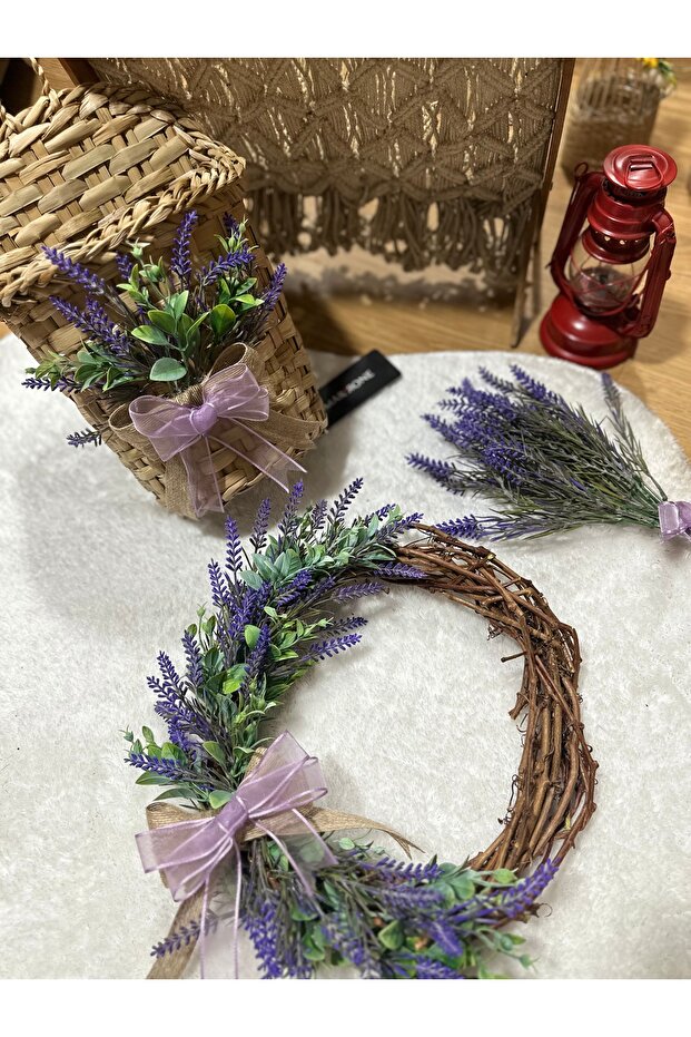 Lavantalı Kapı Dekoru Kapı Çelengi Hasır Sepet Lavantalı Sepet - 1